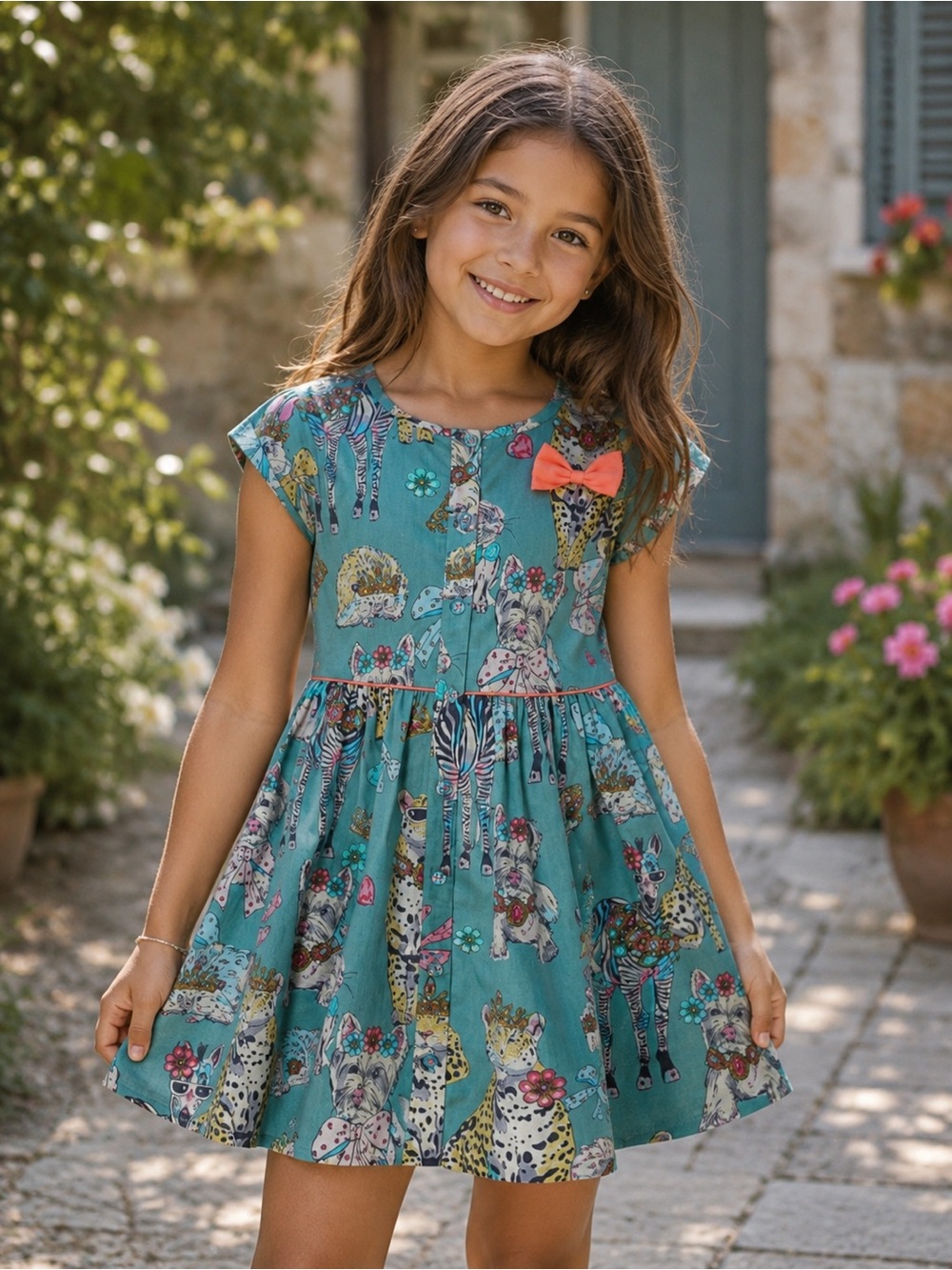MONSOON Size 9/10 Teal Animal Print Girls Dress with Coral Bow